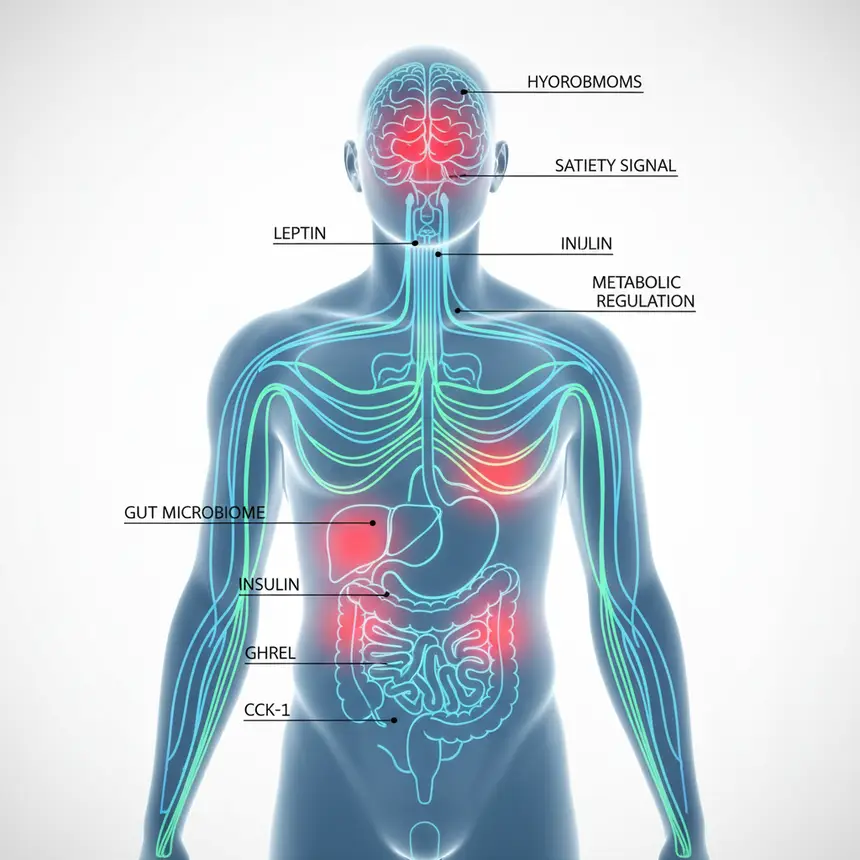 Hormonal pathways diagram, gut-brain signals, metabolic imbalance illustration