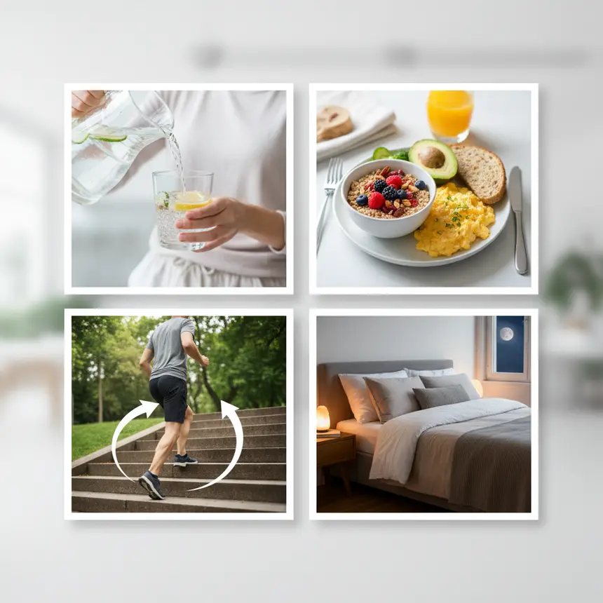 Healthy morning routine, consistent hydration, daily movement, restful sleep