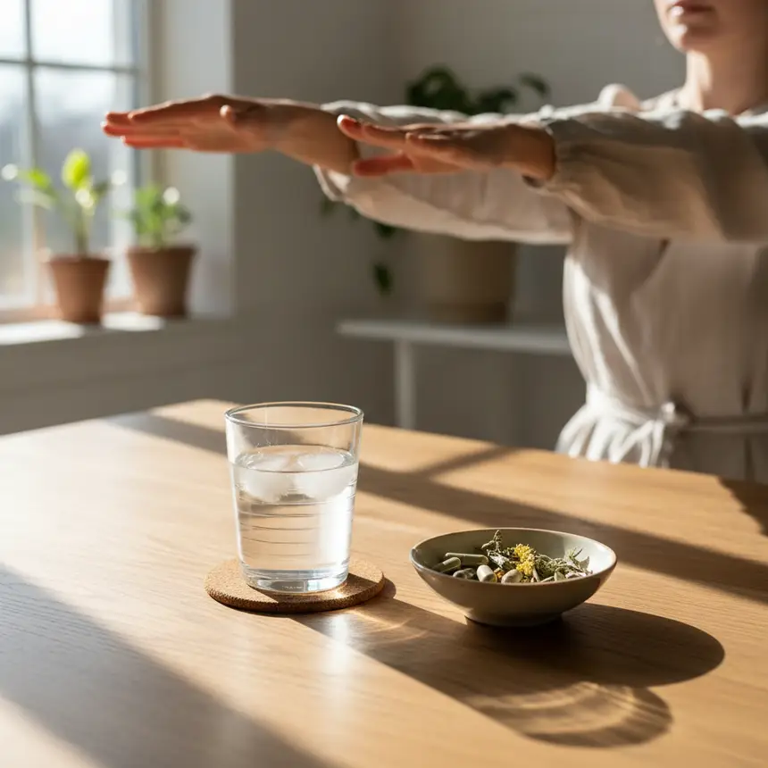 Healthy morning routine with water and supplements