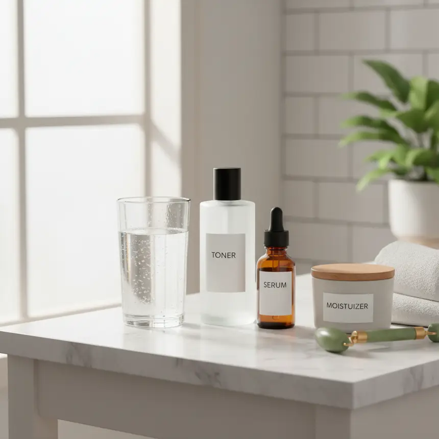 Skincare routine, hydration intake