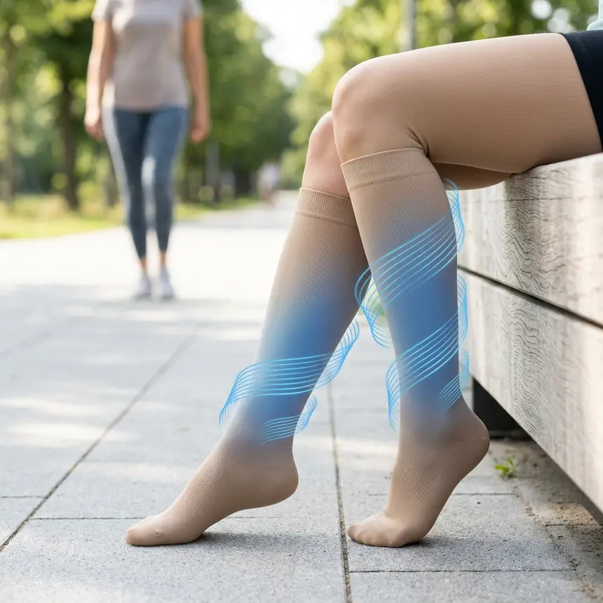 Compression stockings, leg exercise, circulation improvement