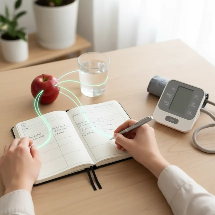Blood pressure log, food diary, healthy habits