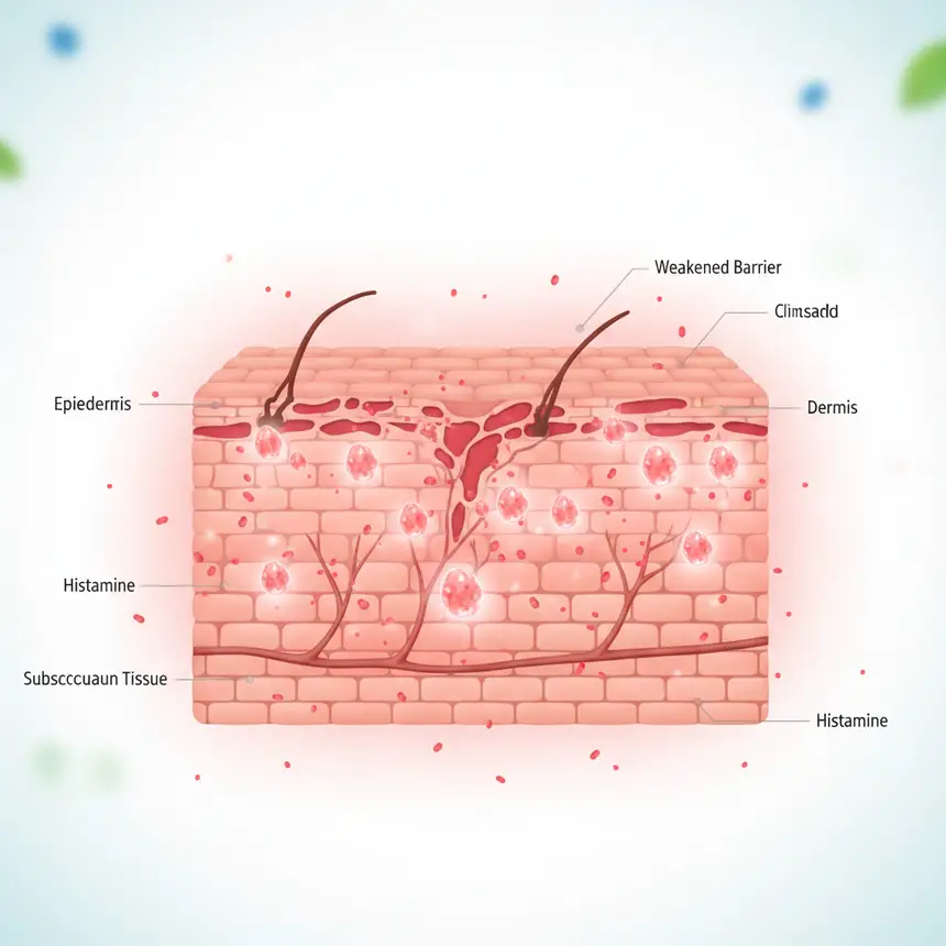 Compromised skin barrier, histamine reaction
